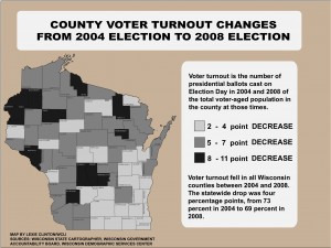 Click for a full-size map of voter turnout changes between the 2004 and 2008 elections