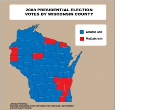 Click for full-size map for Wisconsin statewide vote for election 2008