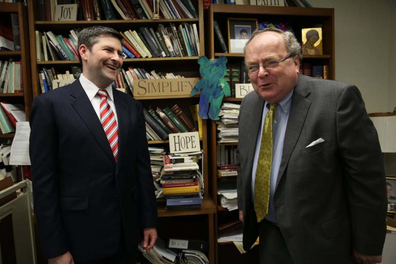 Attorneys for the Thomas More Society, Peter Breen, vice president and senior counsel, and Thomas Brejcha, president and chief counsel, pose in their Chicago offices on July 10, 2013. 