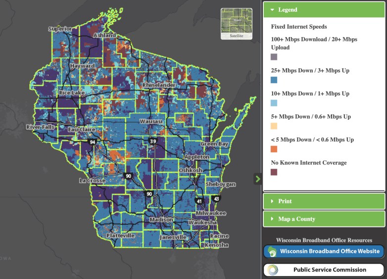 A screenshot from a Wisconsin broadband mapping tool