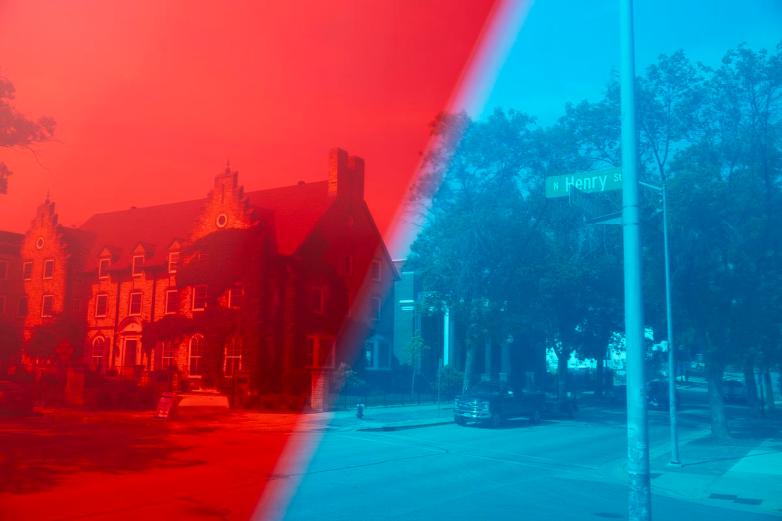 Buildings and trees at an intersection near a 