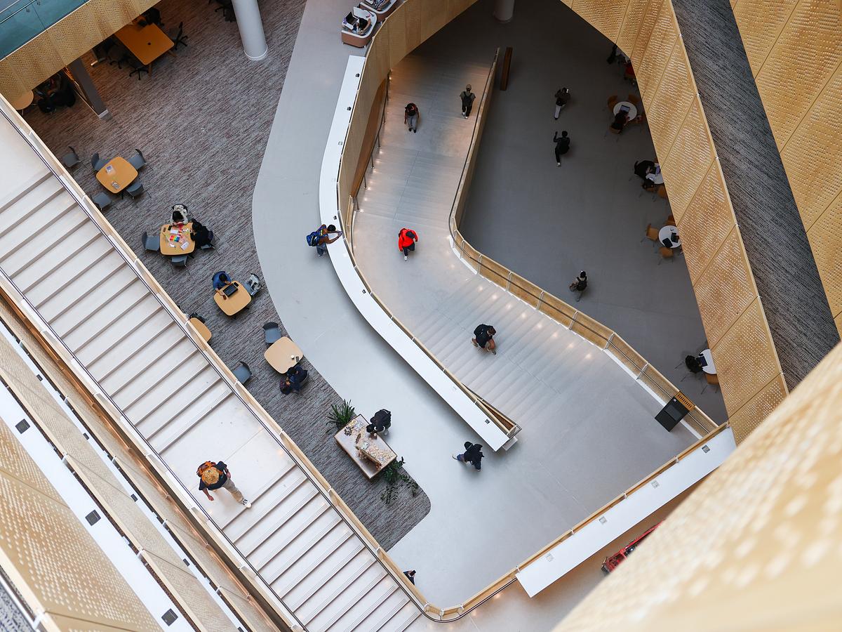 Overhead view of people on stairs