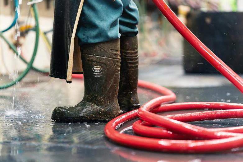 The boots and legs and a hose are shown in a barn.