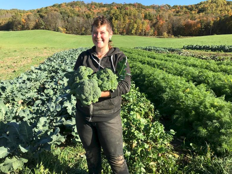 A person standing in front of rows of green crops holds large heads of broccoli with trees in the background on a sunny day.