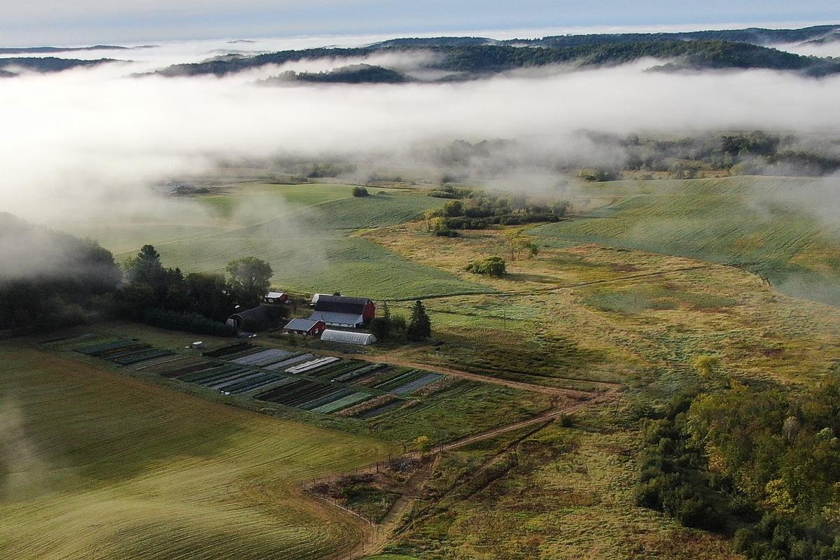 Aerial view of a farm with red barns, greenhouses and crop rows surrounded by green fields and hills partly covered by low-lying fog.