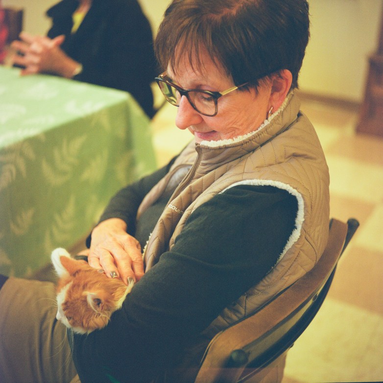 A person wearing glasses sits in a chair holding an orange and white cat, with a table and another person in the background.