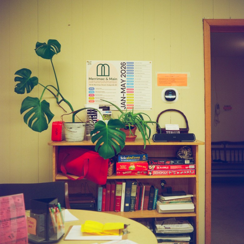 A bookshelf holds potted plants, books and board games beneath a wall with posters including one reading