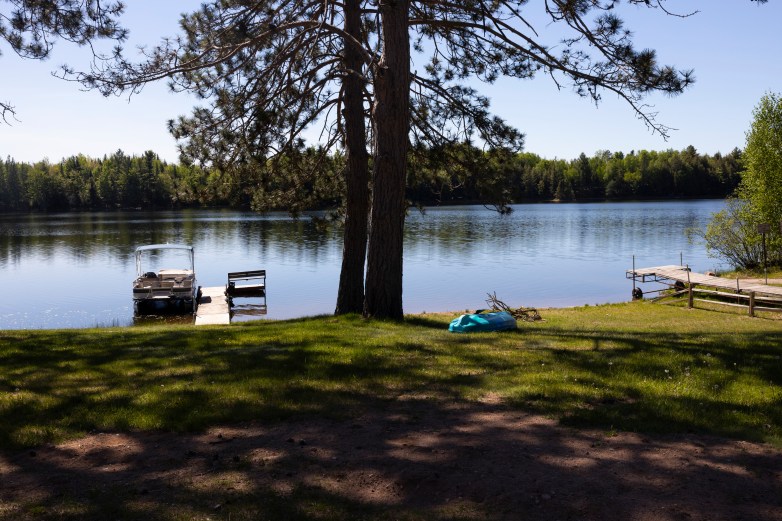 A grassy lakeshore with tall trees overlooks calm water. A pontoon boat and bench sit along a dock extending into the lake.