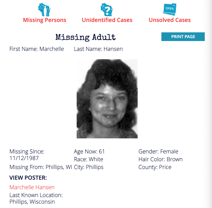 A webpage titled “Missing Adult” shows a portrait photo and details for Marchelle Hansen, including “Missing Since: 11/12/1987” and “Missing From: Phillips, WI.”
