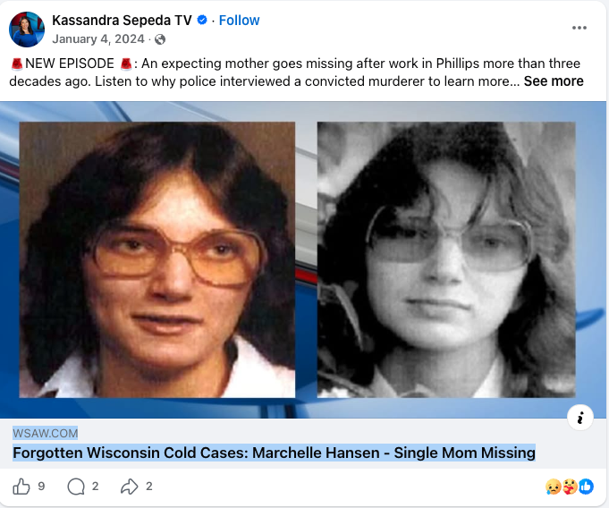 A social media post displays two portrait photos of a person wearing large glasses. The linked headline reads “Forgotten Wisconsin Cold Cases: Marchelle Hansen - Single Mom Missing.”