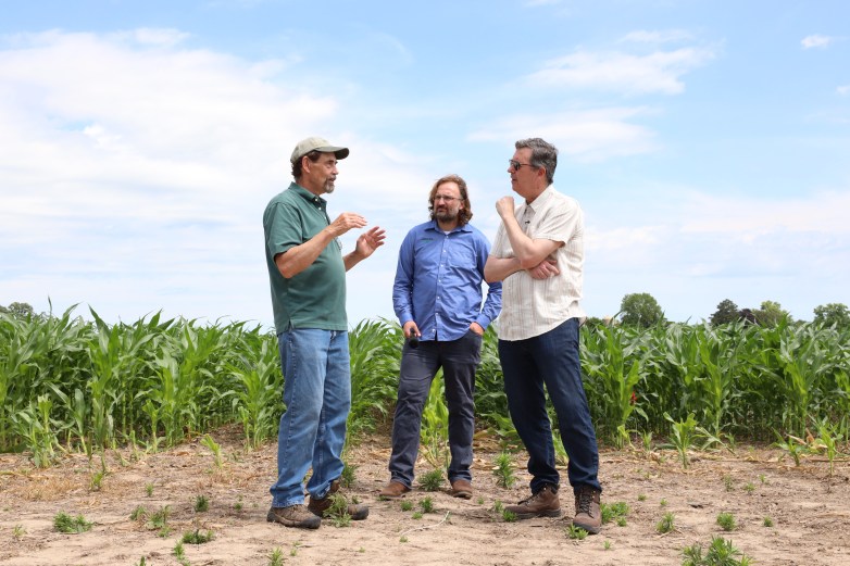 Three people stand next to a cornfield under a partly cloudy sky. One person gestures while the others look on.